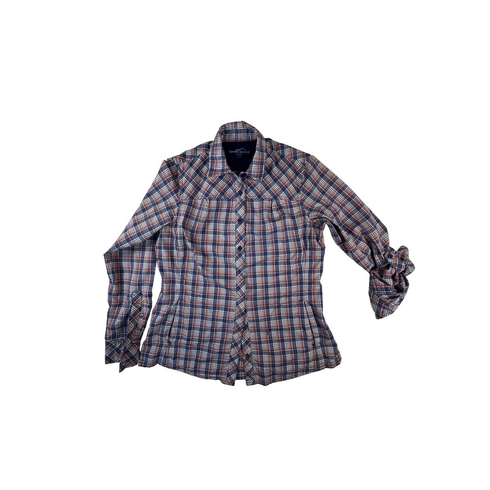 Eddie Bauer Plaid Button Up Shirt Womens Small Blue Red Roll Tab Hidden Pockets